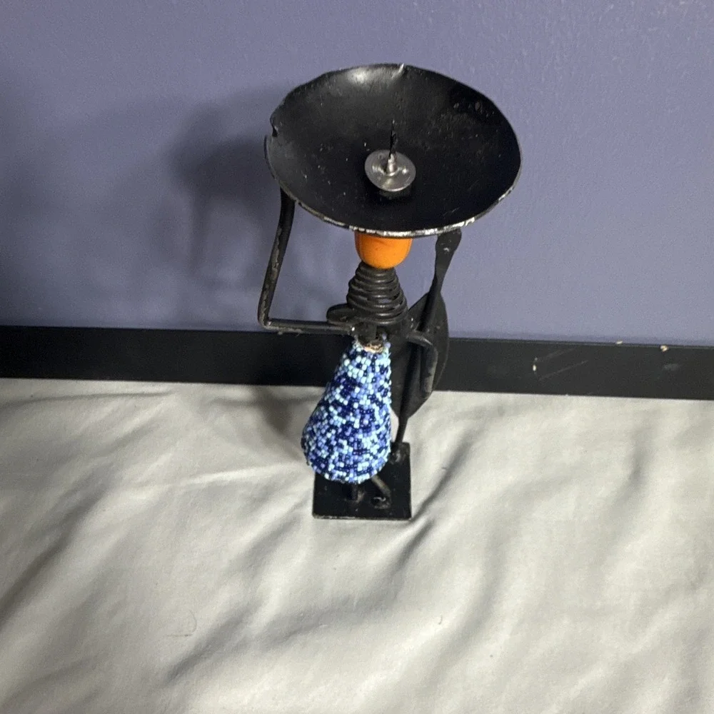 African Style Figure Candle Holder, Hand-Painted Geometric Metal, 10 in
